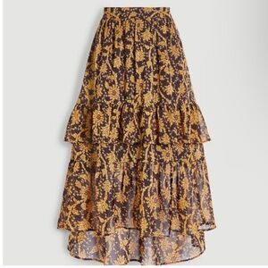 Ann Taylor Botanical Floral Print Tiered Midi Skirt Yellow Black Size 10P